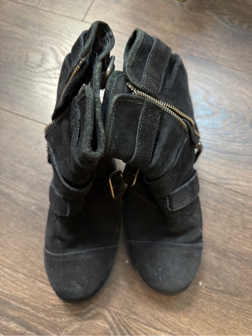UGG Black Suede Ankle Boots with Buckle & Zip